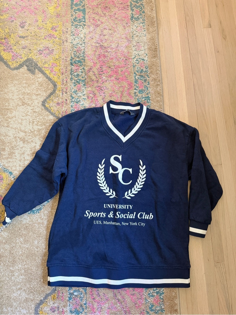 Primark Navy V-Neck Sweater with White Crest and Stripe Trim